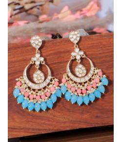 Crunchy Fashion Gold-Plated Kundan Chandbali Pink & Blue Dangler Earrings RAE1879