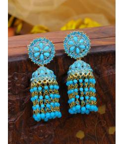Crunchy Fashion Gold-Plated  Blue Beads & Tassel  Ethnic Jhumka Earrings RAE1881