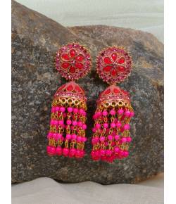 Crunchy Fashion Gold-Plated  Pink Beads & Tassel  Ethnic Jhumka Earrings RAE1882