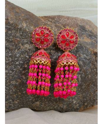 Crunchy Fashion Gold-Plated  Pink Beads & Tassel  Ethnic Jhumka Earrings RAE1882