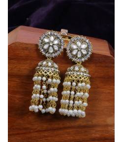 Crunchy Fashion Gold-Plated White Beads & Tassel  Ethnic Jhumka Earrings RAE1884