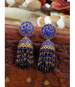 Crunchy Fashion Gold-Plated Blue Beads & Tassel  Ethnic Jhumka Earrings RAE1886