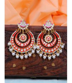Crunchy Fashion Dazzling Pearl Gold-Plated  Kundan Meenakari Red Chandbali Earrings RAE1890