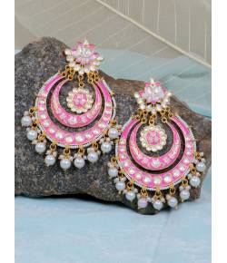 Crunchy Fashion Dazzling Pearl Gold-Plated  Kundan Meenakari Pink Chandbali Earrings RAE1891