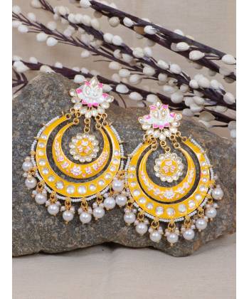 Crunchy Fashion Dazzling Pearl Gold-Plated  Kundan Meenakari Yellow Chandbali Earrings RAE1893