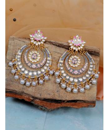 Crunchy Fashion Dazzling Pearl Gold-Plated  Kundan Meenakari Grey Chandbali Earrings RAE1894