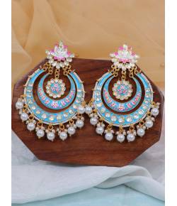 Crunchy Fashion Dazzling Pearl Gold-Plated  Kundan Meenakari Blue  Chandbali Earrings RAE1895