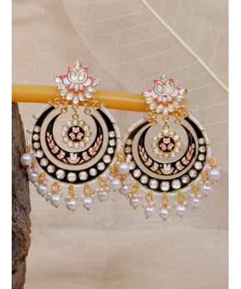 Crunchy Fashion Dazzling Pearl Gold-Plated  Kundan Meenakari Black Chandbali Earrings RAE1897