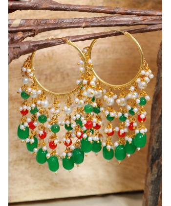 Crunchy Fashion Gold-Plated Red& Green Pearls  Jhalar Bali Hoop Earrings  RAE1901