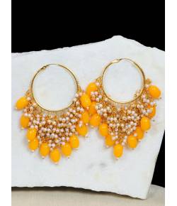 Gold-Plated Jhalar Bali Hoop Earrings With Orange Pearls RAE1903