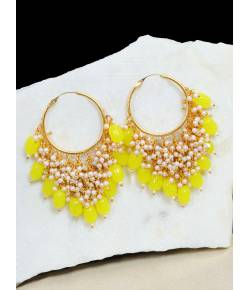 Gold-Plated Jhalar Bali Hoop Earrings With Yellow Pearls RAE1904
