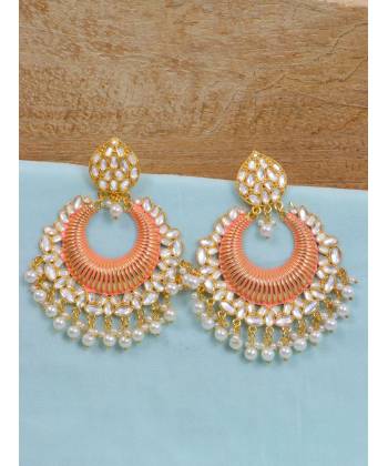 Gold Plated Designer Studded Kundan Pink Dangler Earring With Pearls RAE1909