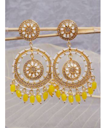 Crunchy Fashion Gold-Plated  Yellow Perals Marvelous Bollywood Style White Kundan EarringsRAE1913