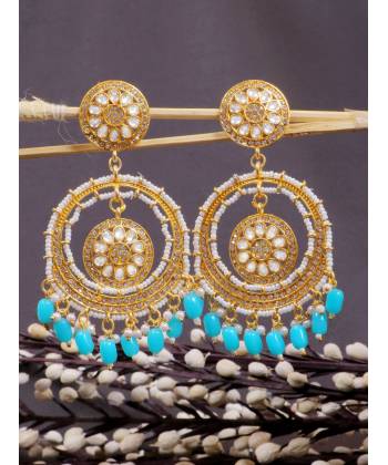 Crunchy Fashion Gold-Plated  Blue Perals Marvelous Bollywood Style White Kundan Earrings RAE1914