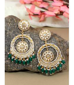 Crunchy Fashion Gold-Plated  Green Perals Marvelous Bollywood Style White Kundan Earrings RAE1917
