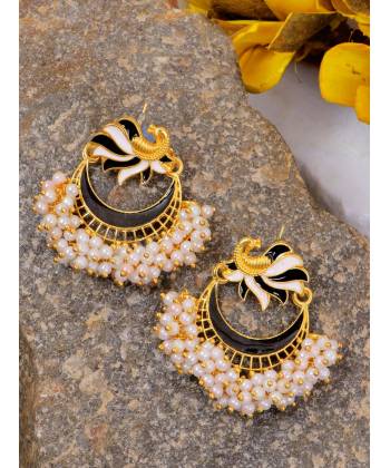 Crunchy Fashion Gold-Plated Black Peacock Chandbali White  Pearl Dangler  Earrings RAE1922