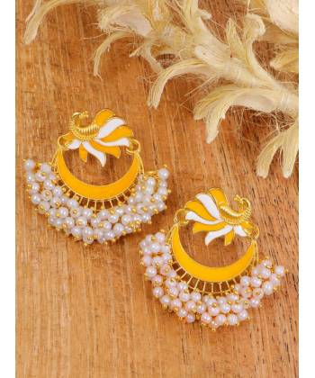 Crunchy Fashion Gold-Plated Yellow Peacock Chandbali White  Pearl Dangler  Earrings RAE1923