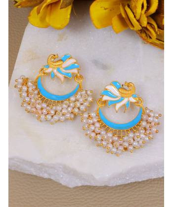 Crunchy Fashion Gold-Plated Blue Peacock Chandbali White  Pearl Dangler  Earrings RAE1924