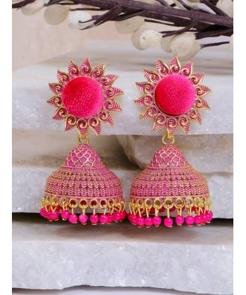 Crunchy Fashion Sun floral Pink Velvet Gold-plated Enamel Jhumka Earring RAE1931