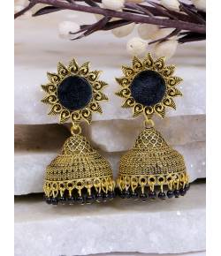 Crunchy Fashion Sun floral Black Velvet Gold-plated Enamel Jhumka Earring RAE1932
