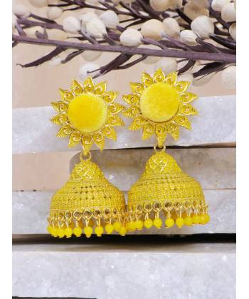 Crunchy Fashion Sun floral Yellow Velvet Gold-plated Enamel Jhumka Earring RAE1933