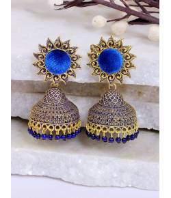 Crunchy Fashion Sun floral Blue Velvet Gold-plated Enamel Jhumka Earring RAE1936