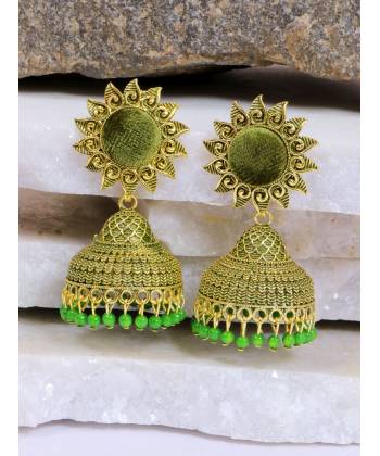 Crunchy Fashion Sun floral Green Velvet Gold-plated Enamel Jhumka Earring RAE1937