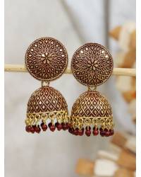 Buy Online Royal Bling Earring Jewelry Gold Plated Kundan Studded Floral Patterned Meenakari Jhumka Earrings Red with Pearls RAE0797 Jewellery RAE0797