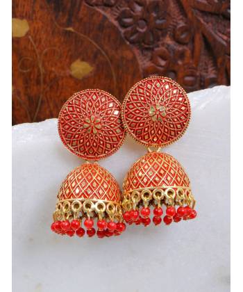 Gold-Plated Enamel Nakashi  Red Pearl Pearls Jhumka Earrings RAE1940