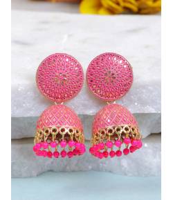 Gold-Plated Enamel Nakashi  Pink Pearl Pearls Jhumka Earrings RAE1941