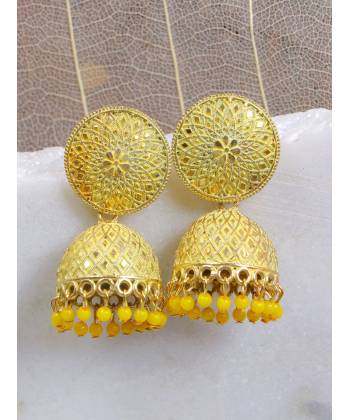Gold-Plated Enamel Nakashi  Yellow  Pearl Pearls Jhumka Earrings RAE1943