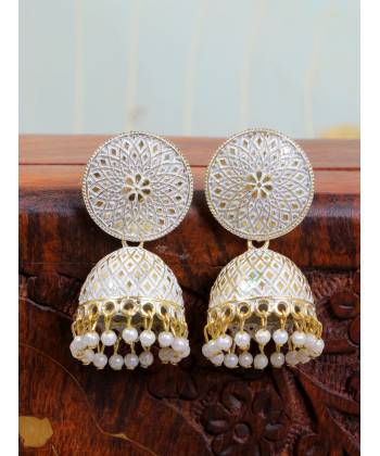 Gold-Plated Enamel  White Pearl Pearls Jhumka Earrings RAE1945