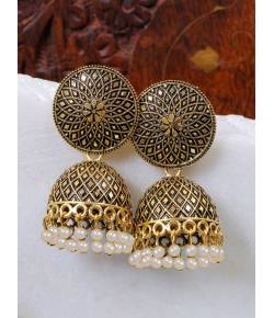 Gold-Plated Enamel Nakashi  Black  Pearl Pearls Jhumka Earrings RAE1948