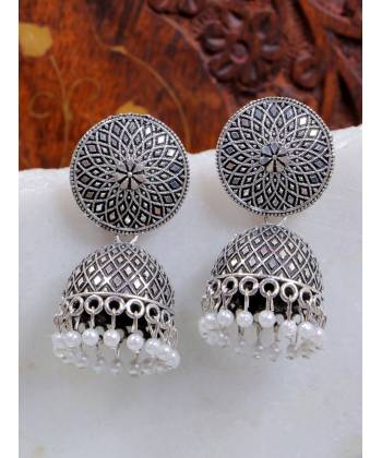Oxidised Silver  Enamel  White Pearl Pearls Jhumka Earrings RAE1949