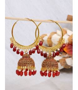 Gold Plated Maroon Pearl Hoop Jhumka Earrings For Women/Girl's 