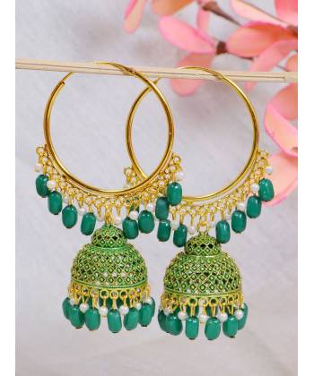 Gold Plated Green Pearl Hoop Jhumka Earrings For Women/Girl's 