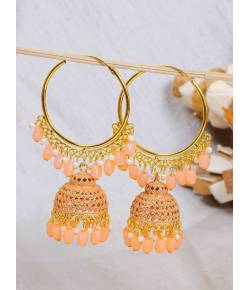 Gold Plated Peach Pearl Hoop Jhumka Earrings For Women/Girl's 