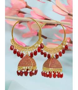 Crunchy Fashion Ethnic Gold Plated Maroon Beads & Pearl Large Bali Hoop Jhumka/Jhumka Earrings RAE1962