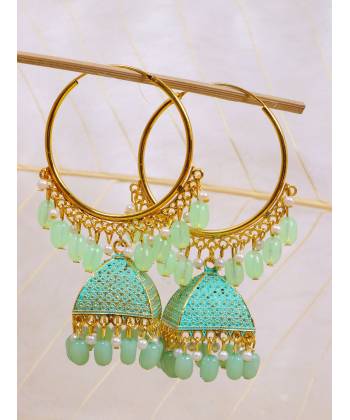 Crunchy Fashion Ethnic Gold Plated Sky Blue Beads & Pearl Large Bali Hoop Jhumka/Jhumka Earrings RAE1964