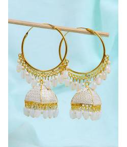Crunchy Fashion Ethnic Gold Plated White Beads & Pearl Large Bali Hoop Jhumka/Jhumka Earrings RAE1965