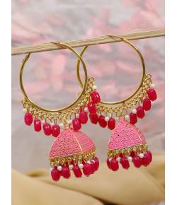 Crunchy Fashion Ethnic Gold Plated Pink Beads & Pearl Large Bali Hoop Jhumka/Jhumka Earrings RAE1966