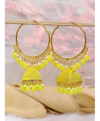 Crunchy Fashion Ethnic Gold Plated Yellow Beads & Pearl Large Bali Hoop Jhumka/Jhumka Earrings RAE1967