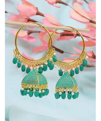Crunchy Fashion Ethnic Gold Plated Green Beads & Pearl Large Bali Hoop Jhumka/Jhumka Earrings RAE1968