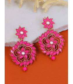 Crunchy Fashion Gold-plated Pink Kundan Stone Flower Stud Dangler Earrings RAE1971