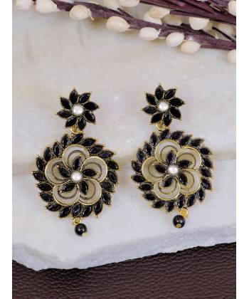 Crunchy Fashion Gold-plated Black Kundan Stone Flower Stud Dangler Earrings RAE1972