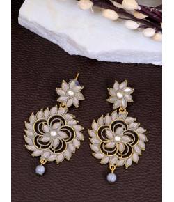 Crunchy Fashion Gold-plated Grey Kundan Stone Flower Stud Dangler Earrings RAE1973