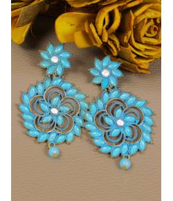 Crunchy Fashion Gold-plated Blue Kundan Stone Flower Stud Dangler Earrings RAE1974