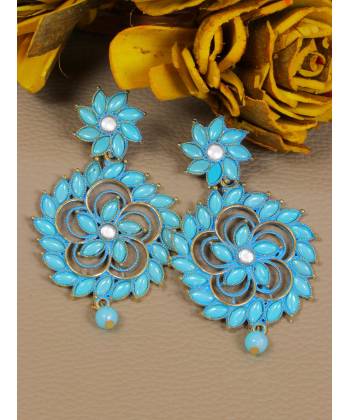 Crunchy Fashion Gold-plated Blue Kundan Stone Flower Stud Dangler Earrings RAE1974
