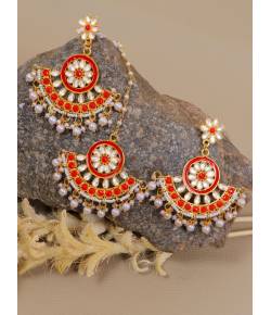 Crunchy Fashion Gold-Plated Imitattion Pearl & Red Kundan Earring With Maang Tika RAE1980