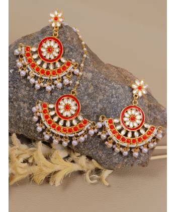 Crunchy Fashion Gold-Plated Imitattion Pearl & Red Kundan Earring With Maang Tika RAE1980